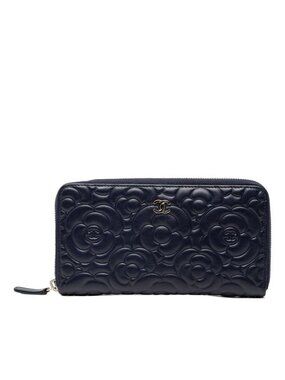 Chanel Camellia CC Logo Long Wallet Zip Around Navy Leather